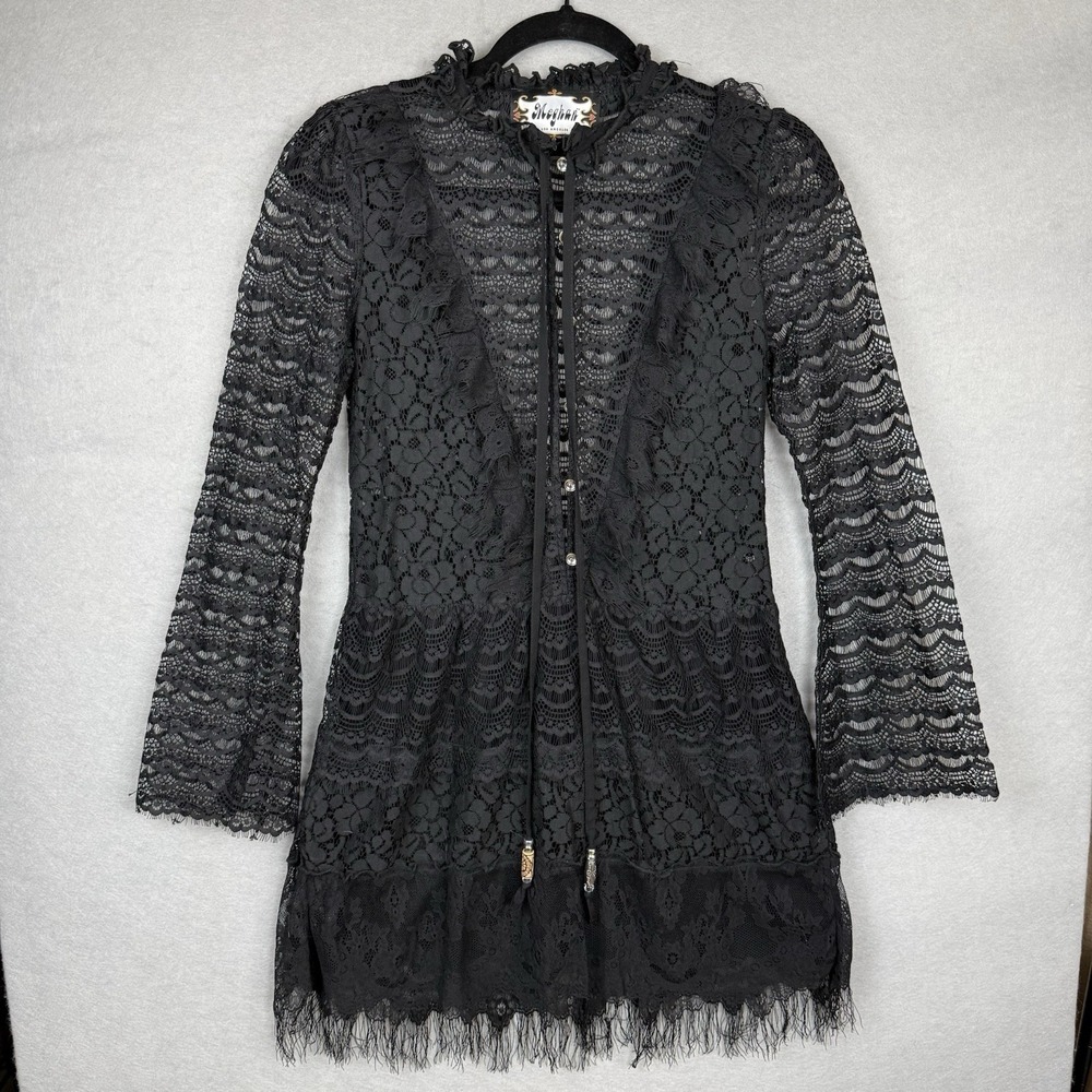Meghan Los Angeles Lace Dress/Tunic Top Womens 0 Black Sheer Boho Bell Sleeve